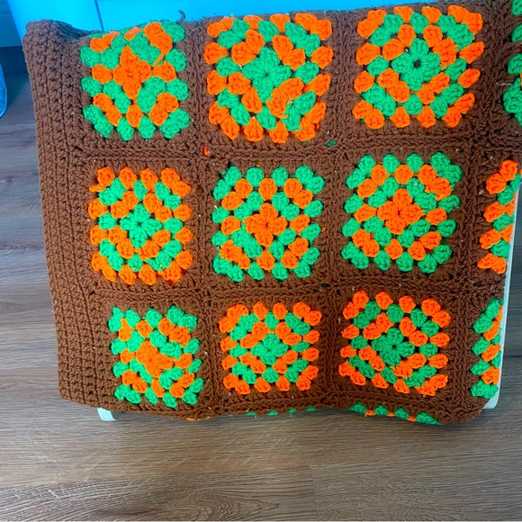Vintage Other - Vintage Handmade Crochet Granny Square Afghan Blanket Throw Orange/Green Fall
